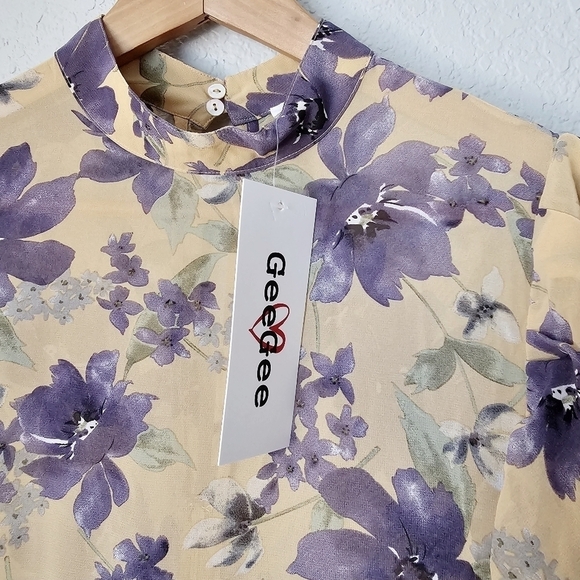 Geegee Dresses Mock Neck Leg Of Mutton Puff Sleeve Yellow Floral Midi Dress S - Picture 11 of 14